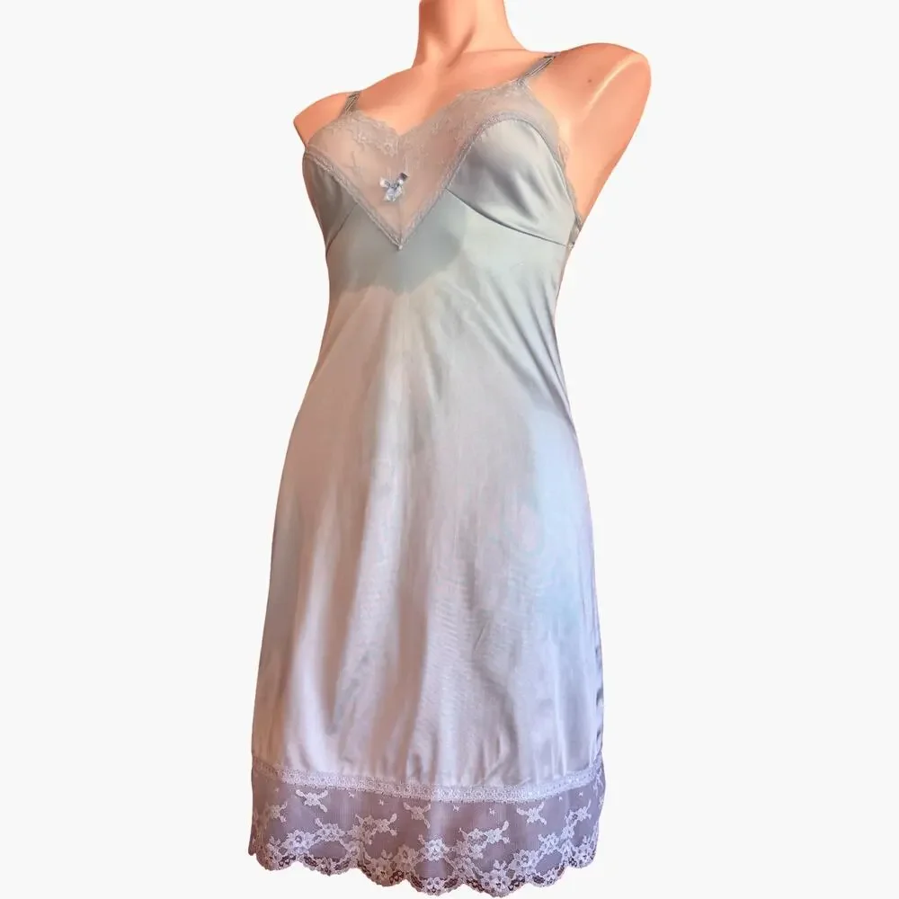 Vintage 70s Kayser Powder Blue Nylon Full Slip Sheer Lace Bodice Size Small 32